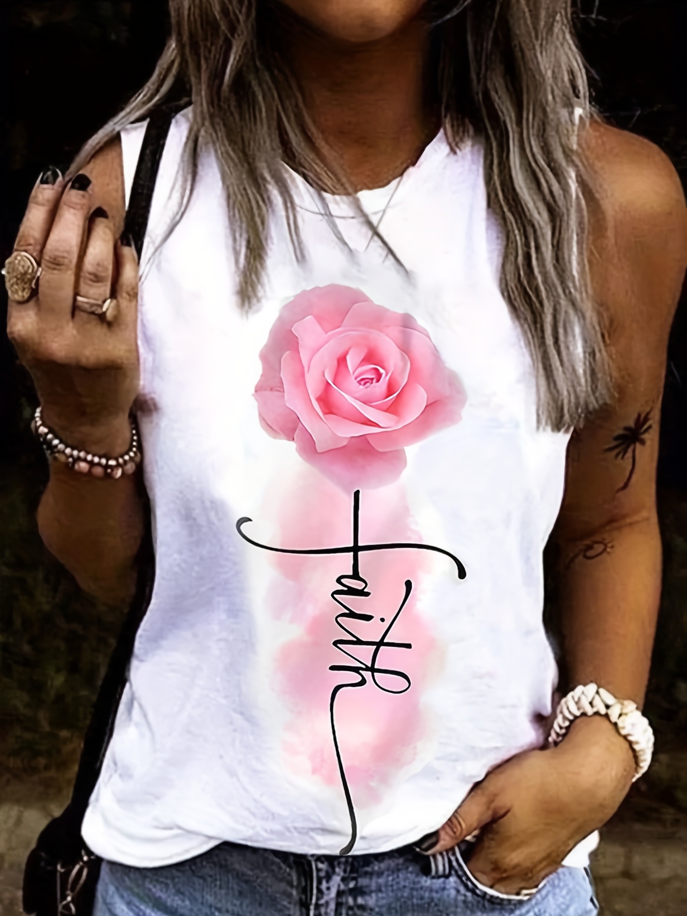 flower letter print tank top sleeveless crew neck tank top casual every day tops womens clothing details 4