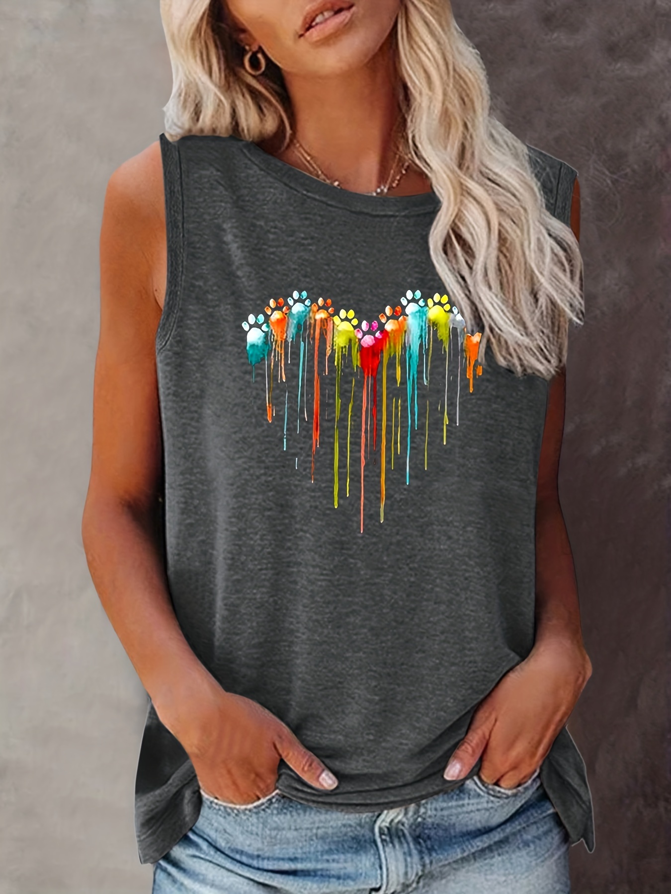 colorful paw print crew neck tank top casual sleeveless top for summer womens clothing details 4