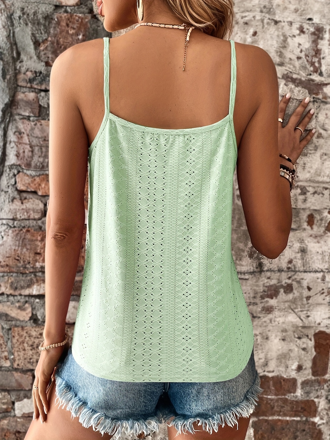 eyelet contrast lace cami top casual v neck spaghetti strap top for summer womens clothing details 3