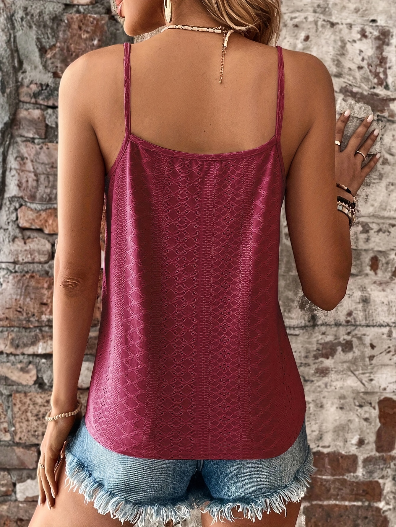 eyelet contrast lace cami top casual v neck spaghetti strap top for summer womens clothing details 9