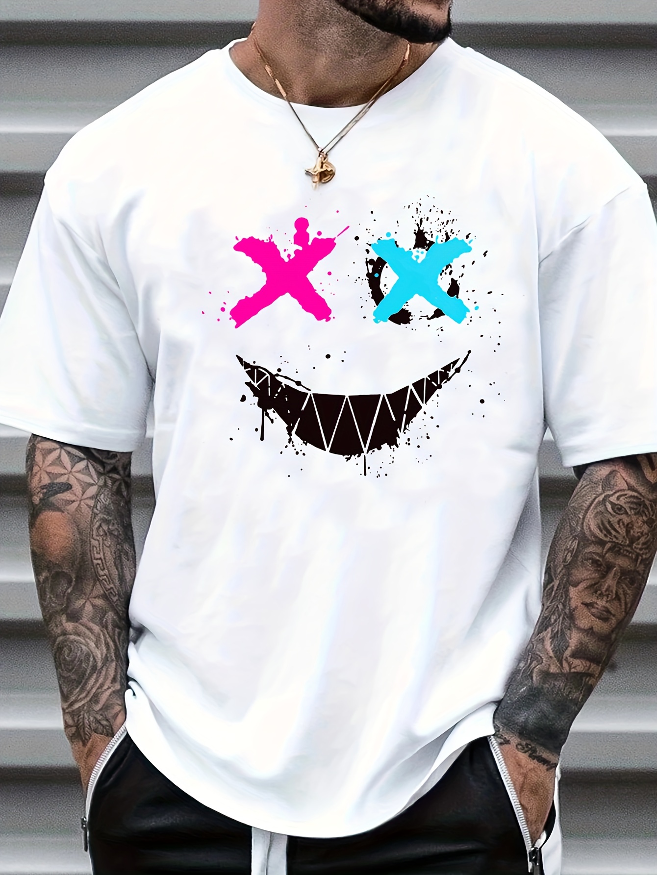 big smile print mens graphic design crew neck active t shirt casual comfy tees tshirts for summer mens clothing tops for daily vacation resorts details 6