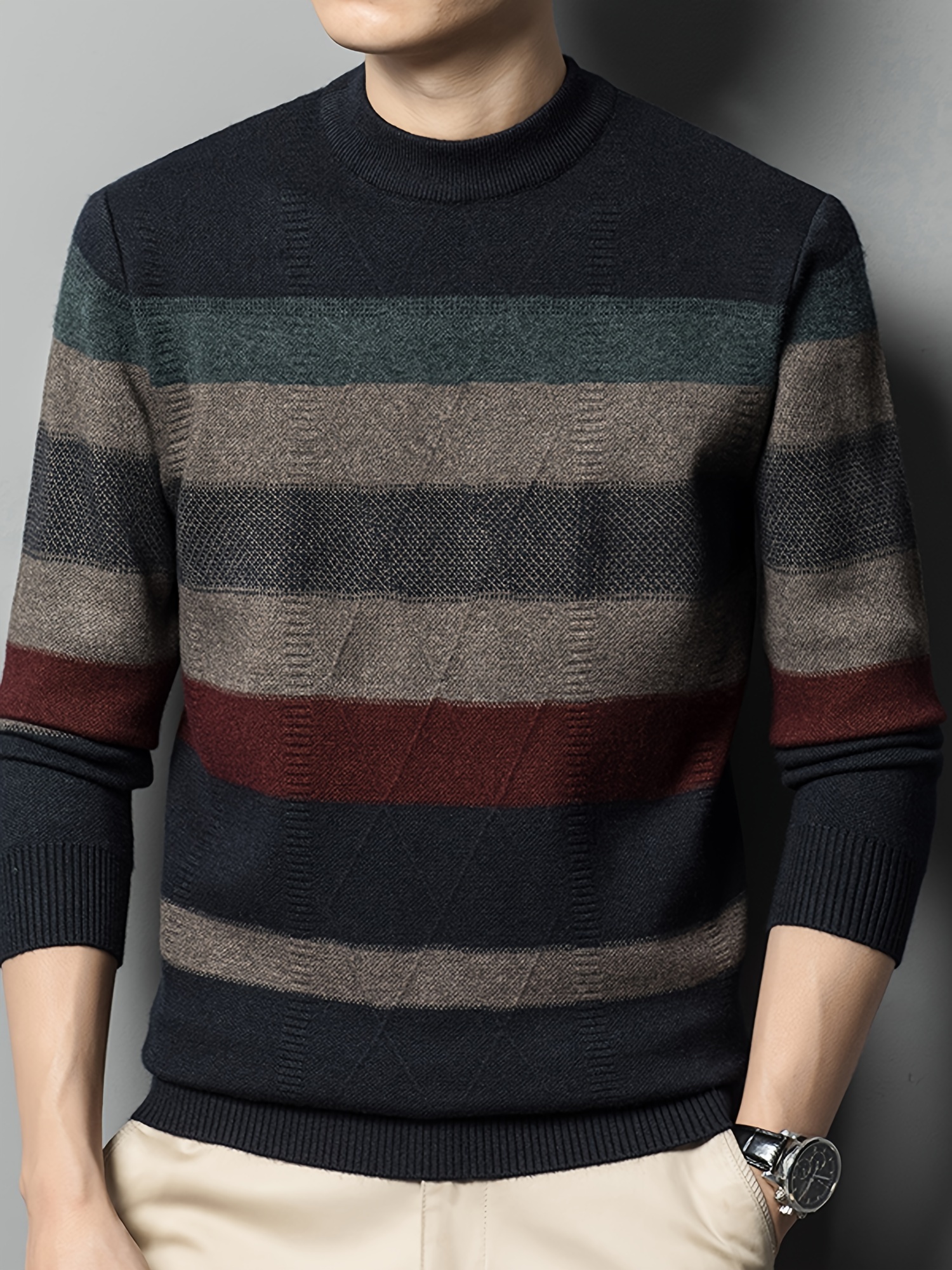 all match knitted color block sweater mens casual warm high stretch crew neck pullover sweater for men fall winter details 0