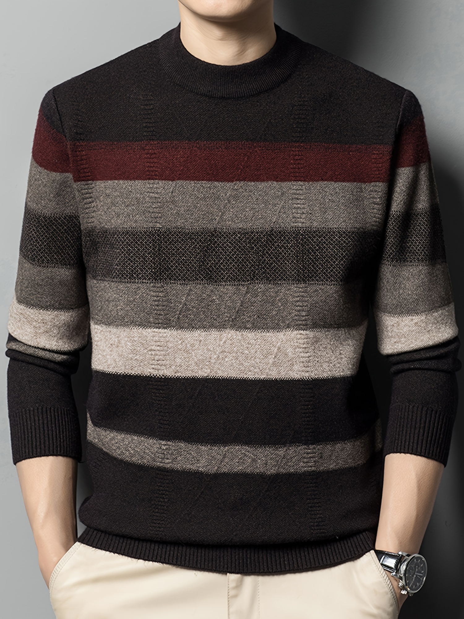 all match knitted color block sweater mens casual warm high stretch crew neck pullover sweater for men fall winter details 2