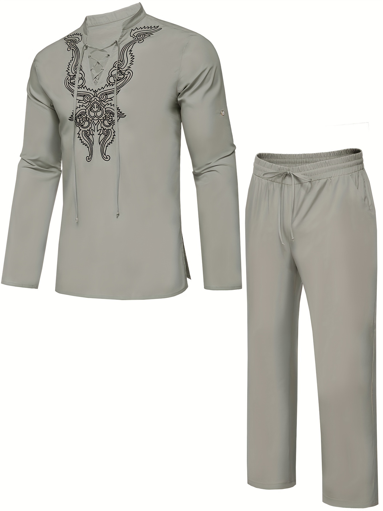 cotton boho style pattern embroidery mens 2 pieces outfits long sleeve lace up shirt and drawstring solid trousers set details 4