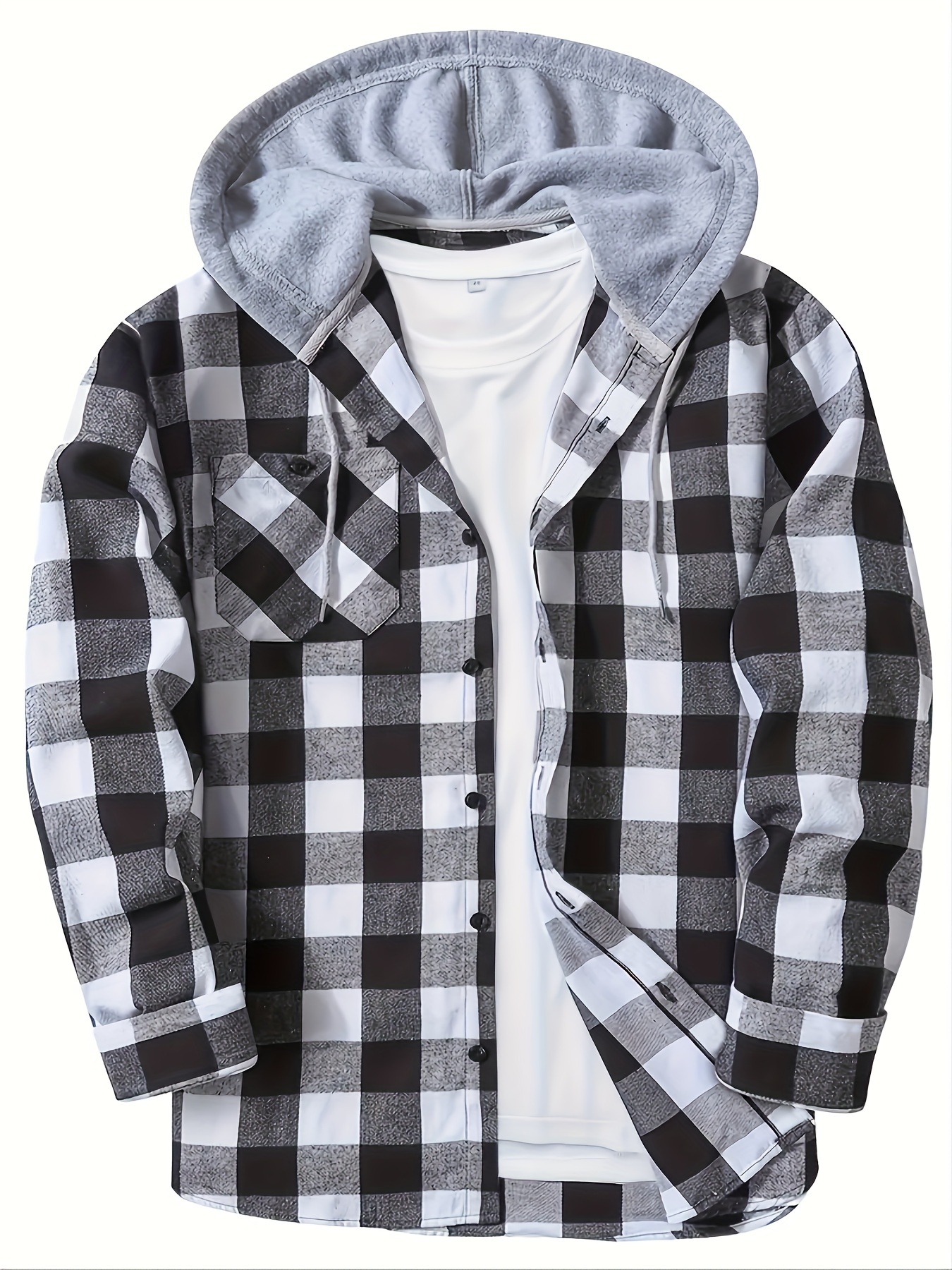 plaid pattern mens long sleeve hooded shirt with chest pocket drawstring mens casual spring fall clothing details 10