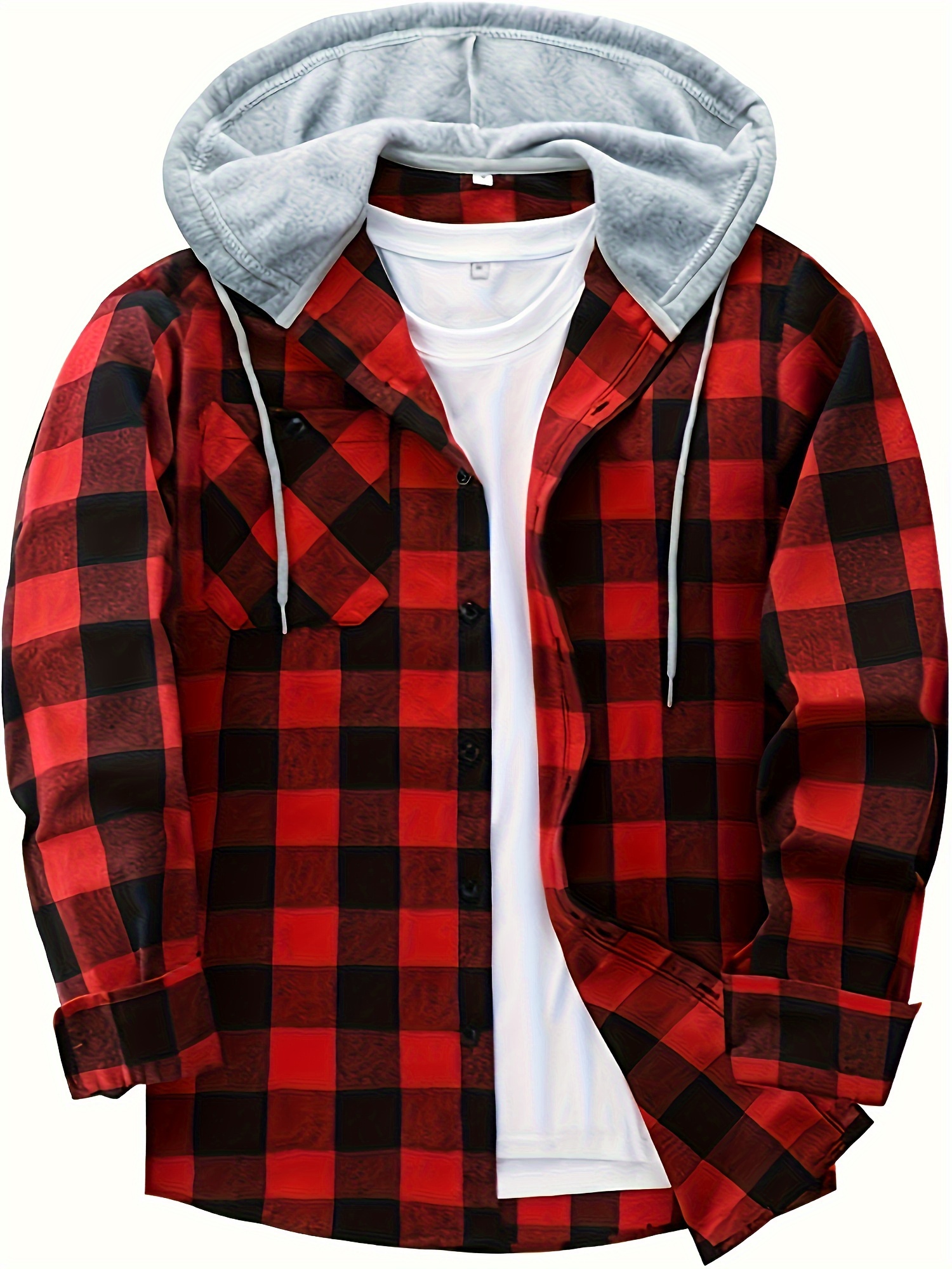 plaid pattern mens long sleeve hooded shirt with chest pocket drawstring mens casual spring fall clothing details 20