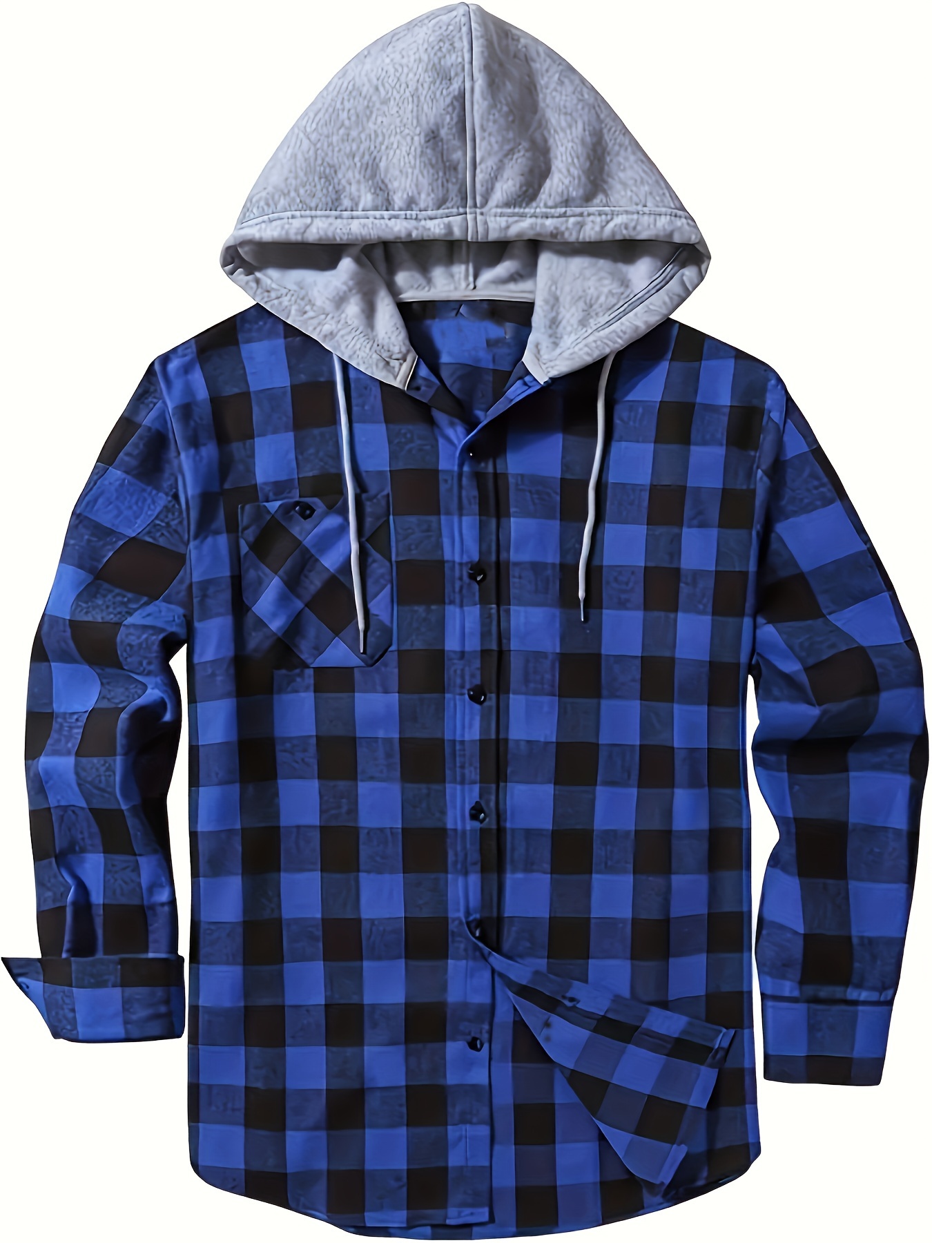 plaid pattern mens long sleeve hooded shirt with chest pocket drawstring mens casual spring fall clothing details 42