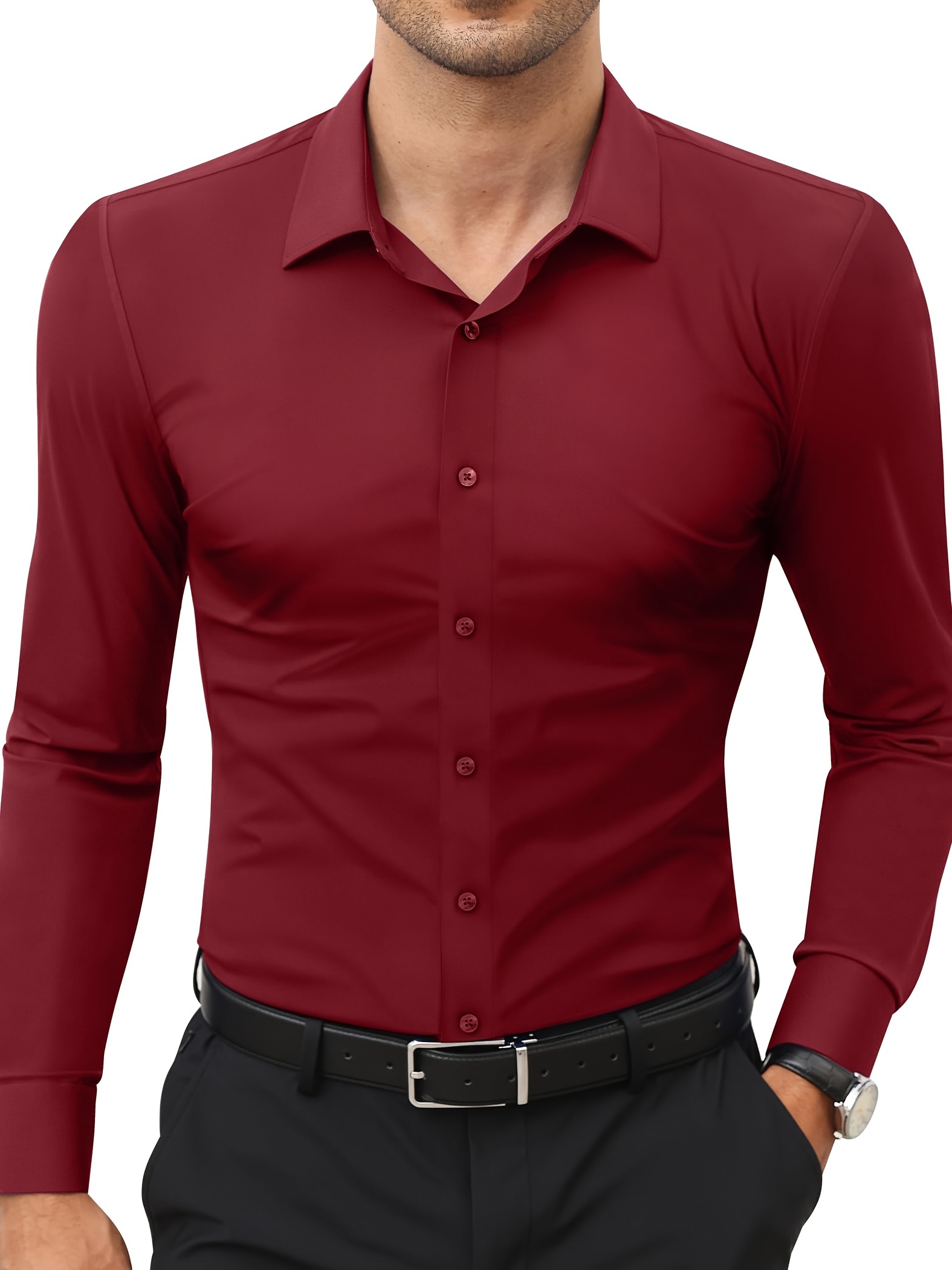 basic solid mens daily stretch formal dress mens slim fit long sleeve button up shirt spring fall details 10