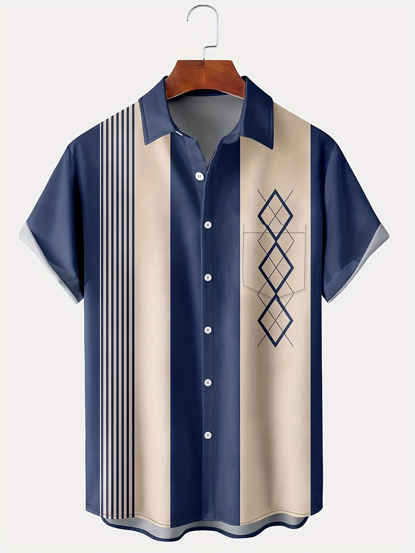 vintage style geometric print mens casual short sleeve shirt with chest pocket mens shirt for summer vacation resort tops for men gift for men details 0