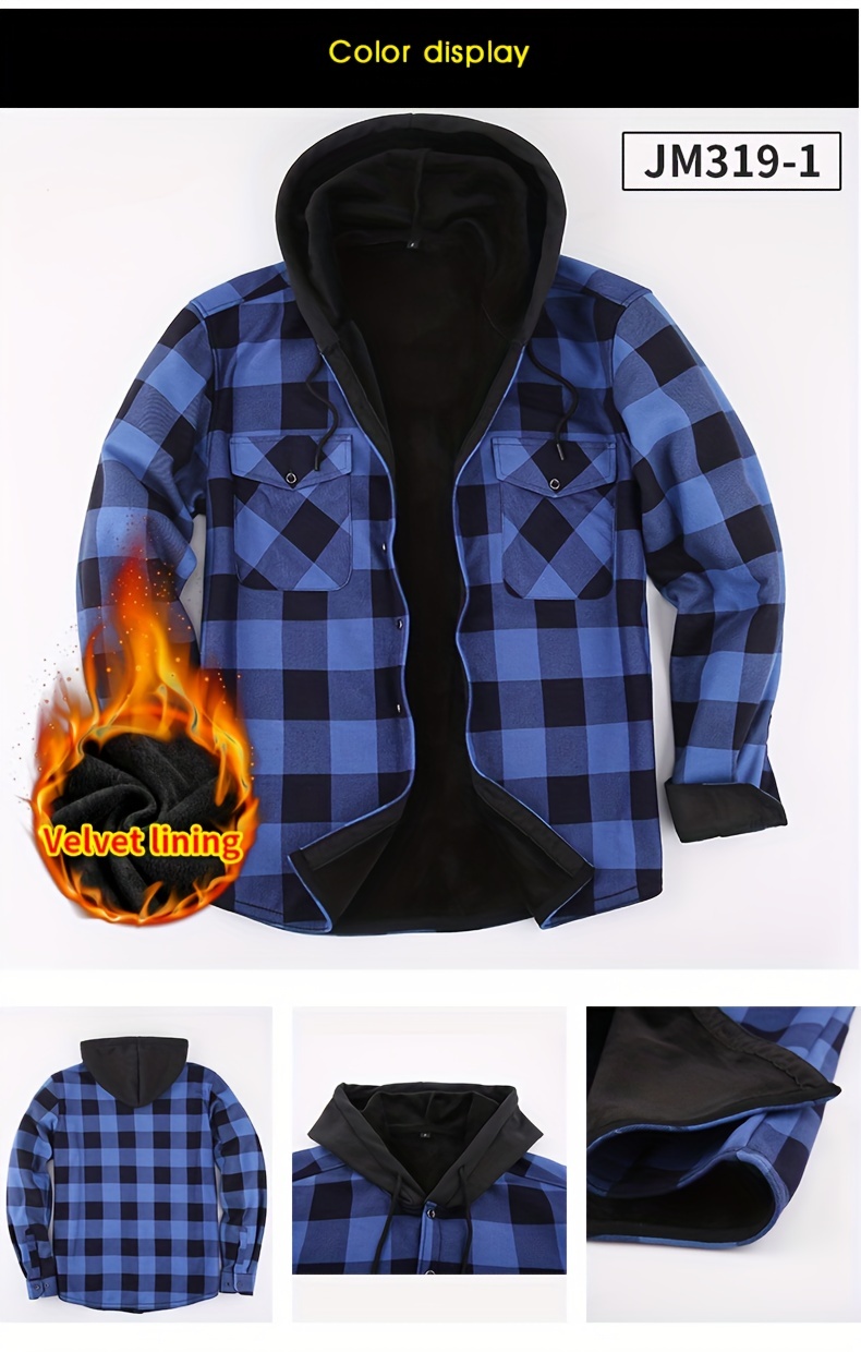 plaid pattern mens casual thick long sleeve hooded shirt with pockets mens button up shirt for fall winter details 5